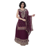 Regal Wine Embroidered Sleeveless Kurti & Lehenga Set with Dupatta