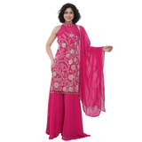 Fuchsia Pink Embroidered Halter Neck Straight Suit