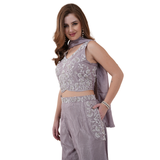 Chic Mauve Embroidered Crop Top Pant Set with Dupatta