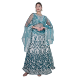 Teal Embroidered Net Lehenga Choli Set