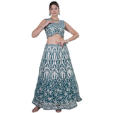 Teal Embroidered Net Lehenga Choli Set