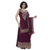 Regal Wine Embroidered Sleeveless Kurti & Lehenga Set with Dupatta