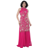 Fuchsia Pink Embroidered Halter Neck Straight Suit