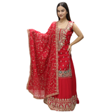 Regal Wine Embroidered Sleeveless Kurti & Lehenga Set with Dupatta