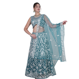 Teal Embroidered Net Lehenga Choli Set