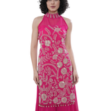Fuchsia Pink Embroidered Halter Neck Straight Suit