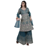 Teal Serenity Embroidered Sharara Set