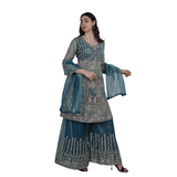 Teal Serenity Embroidered Sharara Set