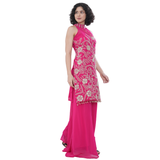 Fuchsia Pink Embroidered Halter Neck Straight Suit
