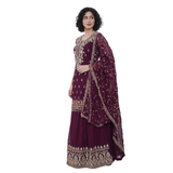 Regal Wine Embroidered Sleeveless Kurti & Lehenga Set with Dupatta