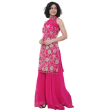 Fuchsia Pink Embroidered Halter Neck Straight Suit