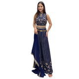 Navy Blue & Gold Embroidered Crop Top Palazzo Set
