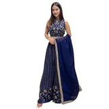 Navy Blue & Gold Embroidered Crop Top Palazzo Set
