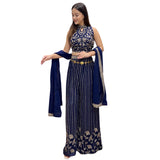 Navy Blue & Gold Embroidered Crop Top Palazzo Set