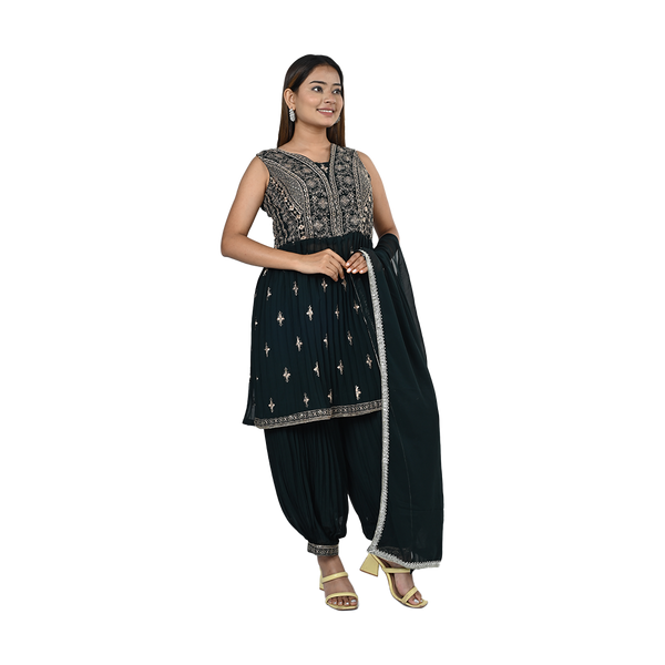 Deep Green Beauty Georgette Sequin and Thread Heavy Embroidery Kurti Set