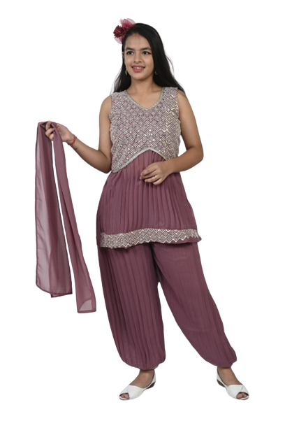 Delicate Rose Georgette Sequin Embroidered Kurta and Afghani Style Pants Set