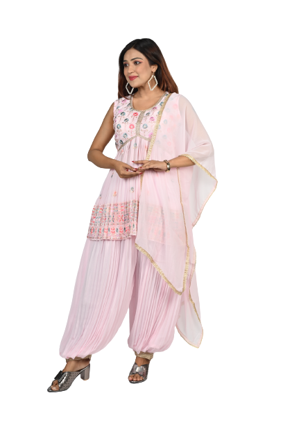 Blush Blossom Baby Pink Georgette Sequin and Thread Embroidery Kurti and Afghani Style Pants Set
