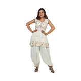 Pastel Harmony Off White Georgette Sequin and Thread Embroidery Kurti and Afghani Style Pants Set