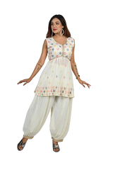 Pastel Harmony Off White Georgette Sequin and Thread Embroidery Kurti and Afghani Style Pants Set
