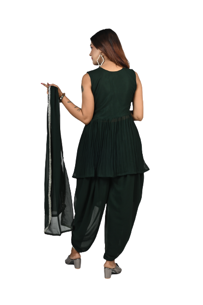 Emerald Enchantment Deep Green Georgette Sequin and Thread Embroidery Kurti and Dhoti Pants Set