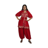 Golden Blossom Red Georgette Floral Patterned Golden Embroidery Kurti Set