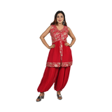 Golden Blossom Red Georgette Floral Patterned Golden Embroidery Kurti Set