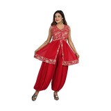 Golden Blossom Red Georgette Floral Patterned Golden Embroidery Kurti Set