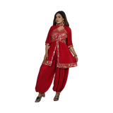 Golden Blossom Red Georgette Floral Patterned Golden Embroidery Kurti Set