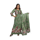 Parrot Elegance Parrot Green Digital Printed Anarkali Style Pleated Full-Length Gown Set