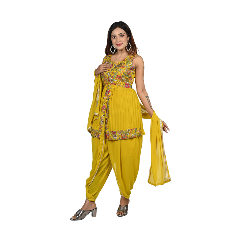 Radiant Sunshine Georgette Sequin Embroidery Kurti and Dhoti Set