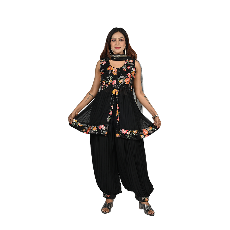 Midnight Elegance Black Georgette Sequin and Thread Embroidery Kurti and Afghani Style Pants Set