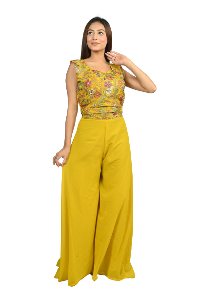 Laddoo Yellow Georgette Sequin and Thread Embroidery Choli and Flared Pants Set