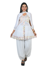 White Elegance Georgette Sequin and Thread Embroidery Pleated Kurti Set