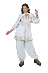 White Elegance Georgette Sequin and Thread Embroidery Pleated Kurti Set