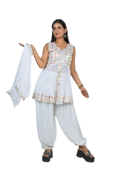 White Elegance Georgette Sequin and Thread Embroidery Pleated Kurti Set