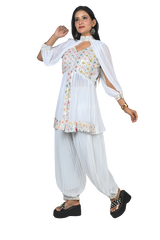 White Elegance Georgette Sequin and Thread Embroidery Pleated Kurti Set