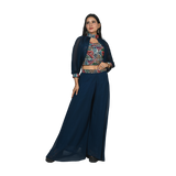 Navy Elegance Navy Blue Georgette Sequin, Thread, and Bead Work Geometric Pattern Choli and Flared Pants Set