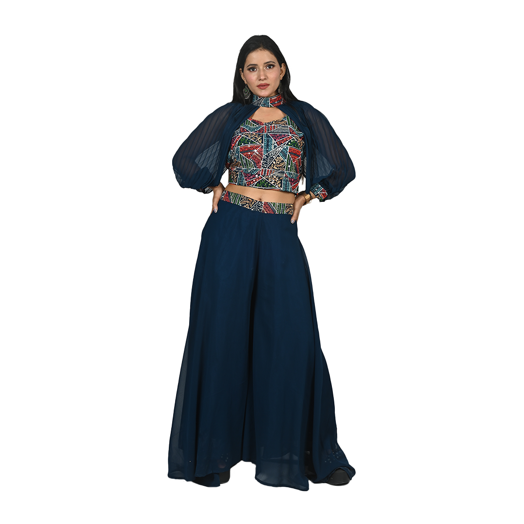 Navy Blue Georgette Sequin Party Wear Frock Gharara Suit - 113037 main image 0