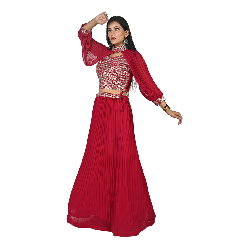 Scarlet Elegance Cherry Red Georgette Sequin Embroidery Choli and Lehenga Set