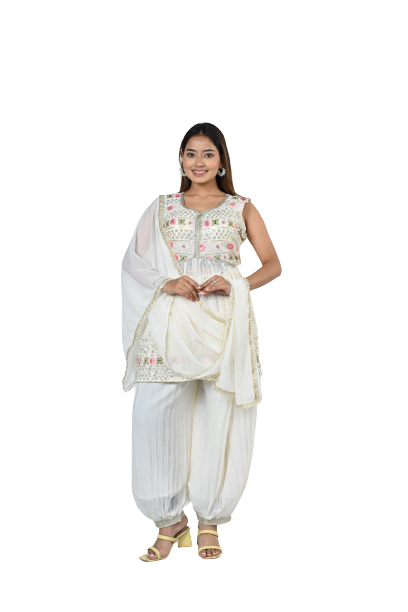 White Georgette Sequin and Floral Embroidery Kurti Set