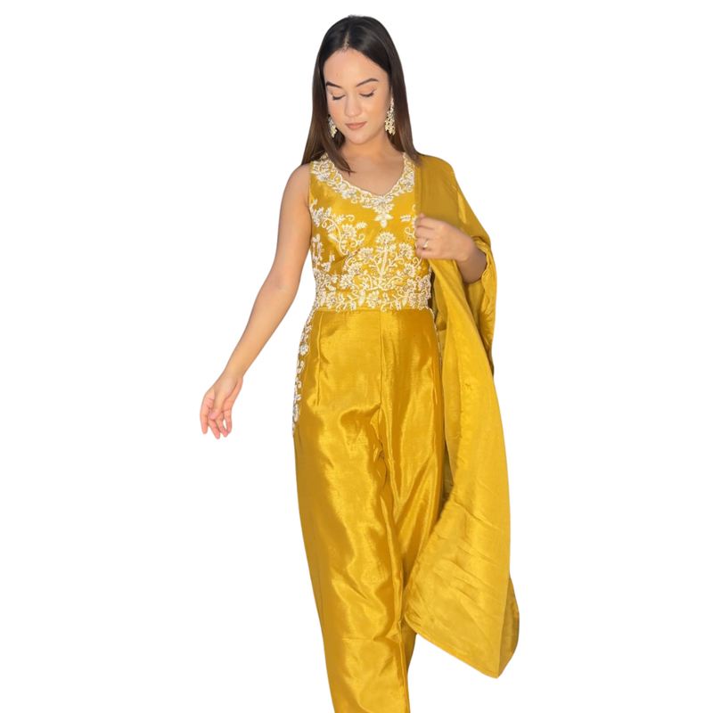 Chic Mauve Embroidered Crop Top Pant Set with Dupatta