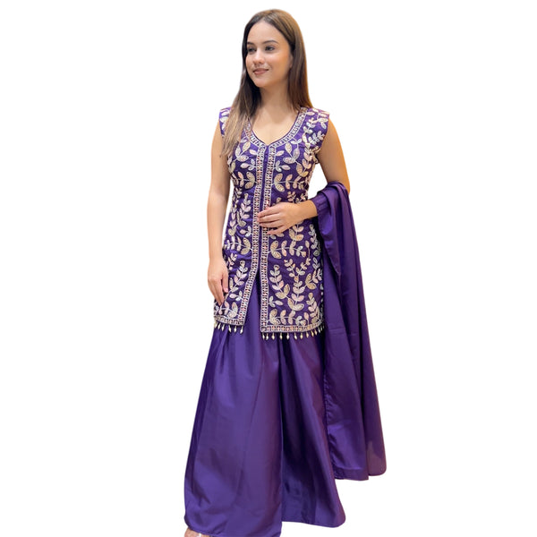 Deep Plum Vine Embroidered Sharara Set