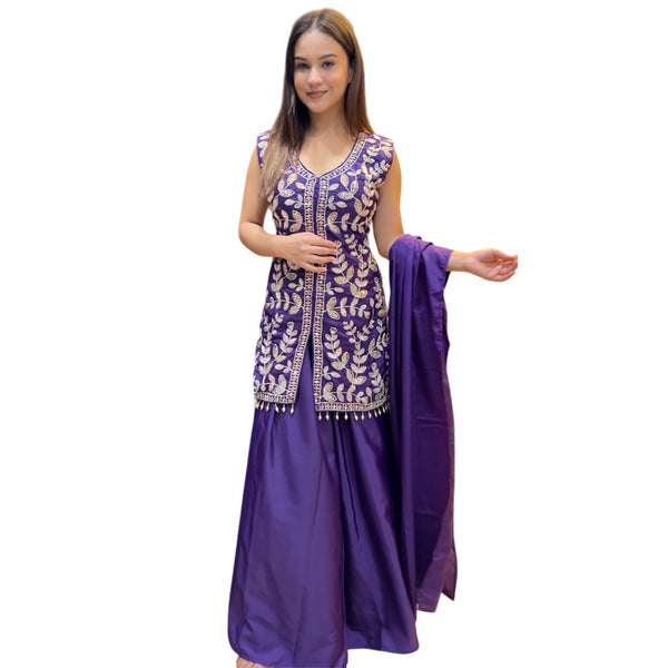 Deep Plum Vine Embroidered Sharara Set
