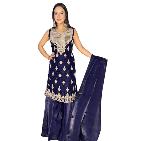 Midnight Blue & Gold Embroidered Sharara Suit