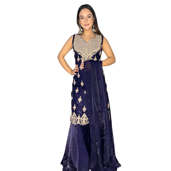 Midnight Blue & Gold Embroidered Sharara Suit