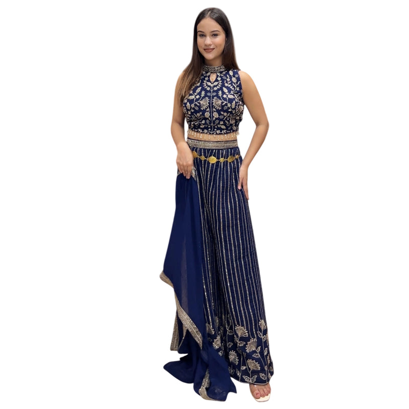 Navy Blue & Gold Embroidered Crop Top Palazzo Set