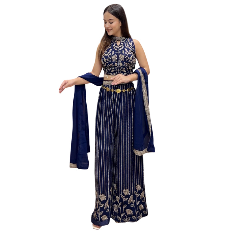 Navy Blue & Gold Embroidered Crop Top Palazzo Set