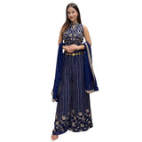 Navy Blue & Gold Embroidered Crop Top Palazzo Set