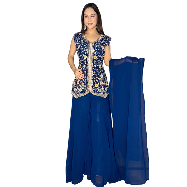 Sapphire Blossom Embroidered Sharara Set