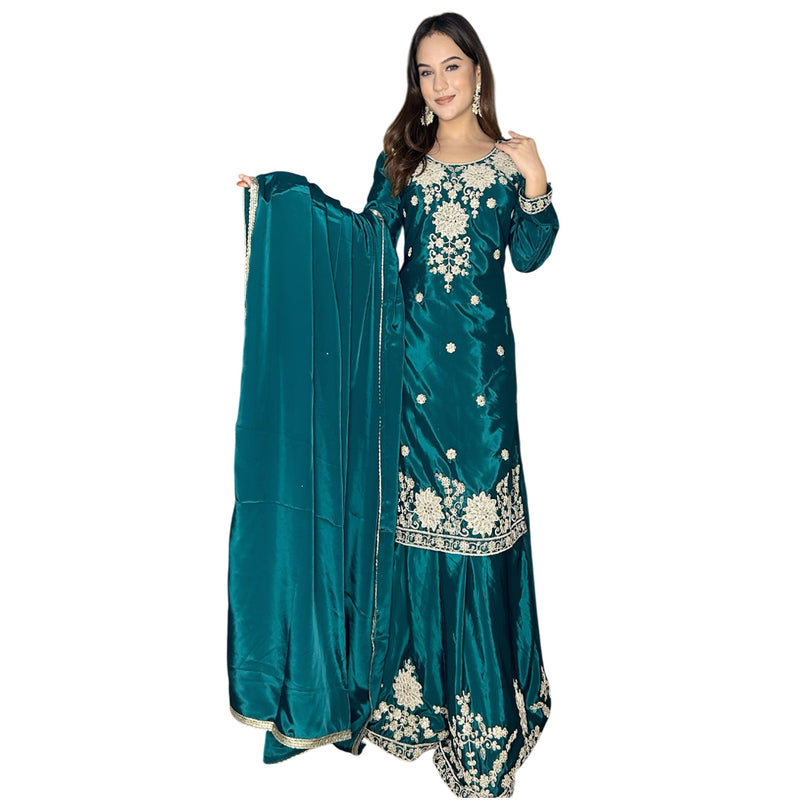 Teal Blossom Celebration Sharara